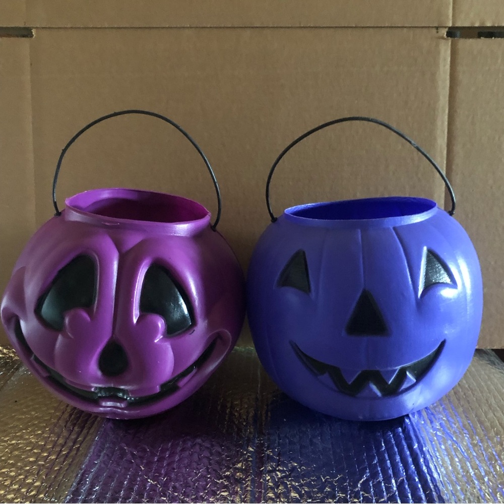 2 General Foam Purple Halloween Blow Mold Pumpkin Candy Pails Buckets
